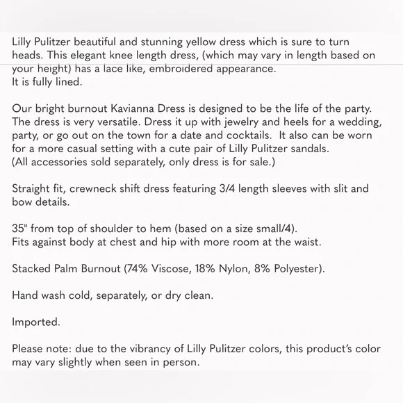 NWT Lilly Pulitzer Kavianna Dress Color: Finch Yellow Stacked Palm Burnout SZ 10 - Picture 11 of 11